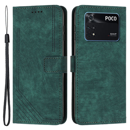 For Xiaomi Poco M4 Pro 4G Lines Imprinted Phone Case Skin-touch Leather Wallet Phone Cover with Stand
