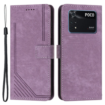 For Xiaomi Poco M4 Pro 4G Lines Imprinted Phone Case Skin-touch Leather Wallet Phone Cover with Stand
