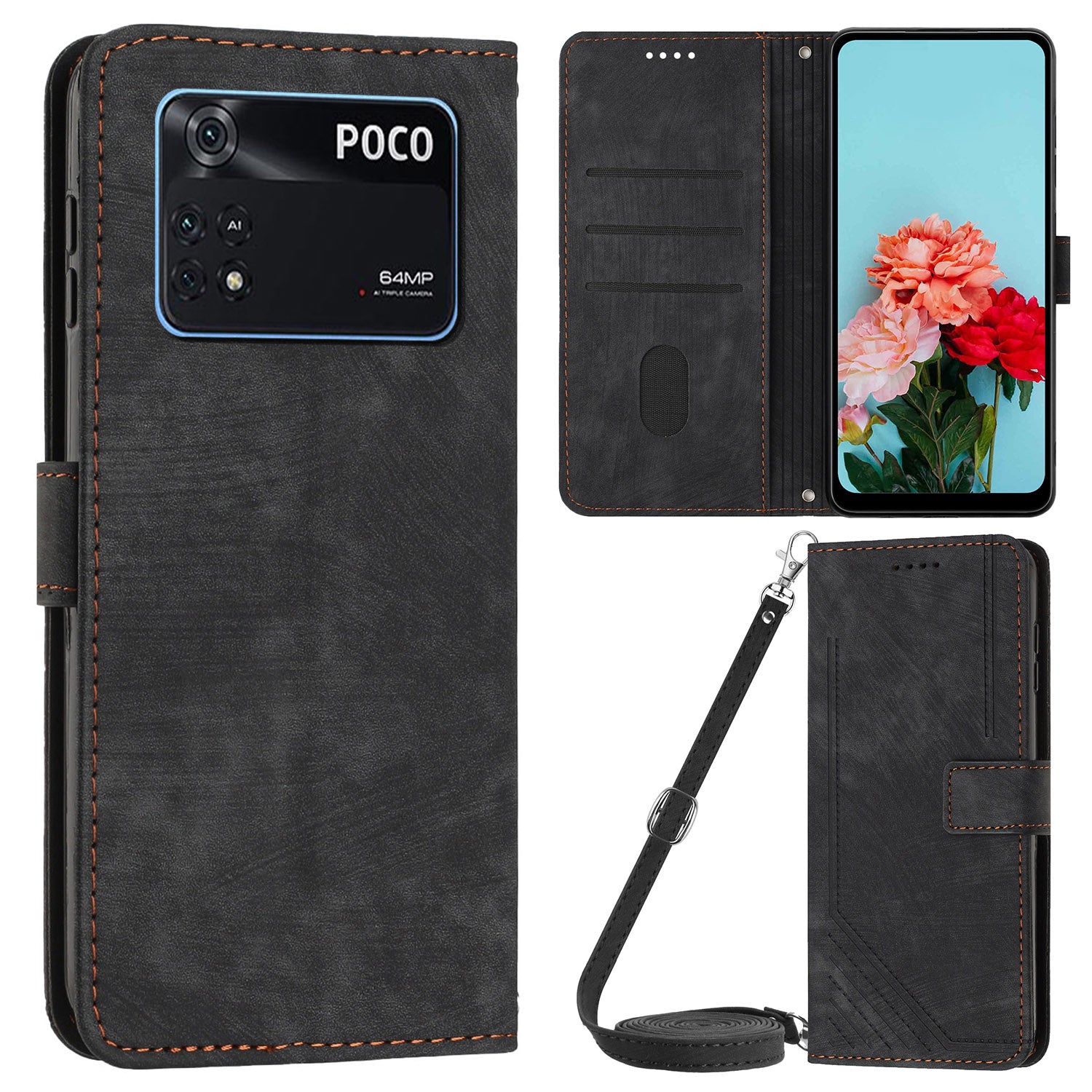 For Xiaomi Poco M4 Pro 4G PU Leather Stand Wallet Case Lines Imprinted Flip Shockproof Phone Cover