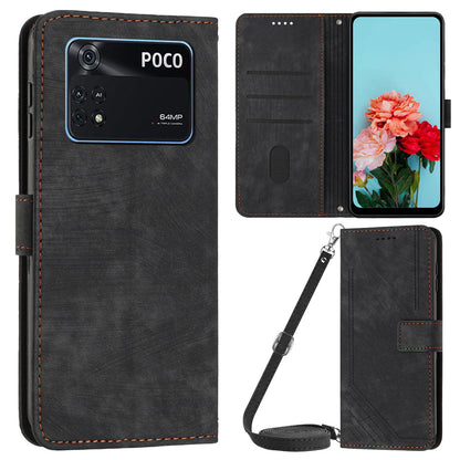 For Xiaomi Poco M4 Pro 4G PU Leather Stand Wallet Case Lines Imprinted Flip Shockproof Phone Cover