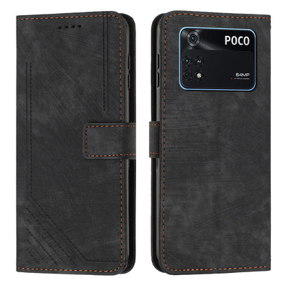 For Xiaomi Poco M4 Pro 4G PU Leather Stand Wallet Case Lines Imprinted Flip Shockproof Phone Cover