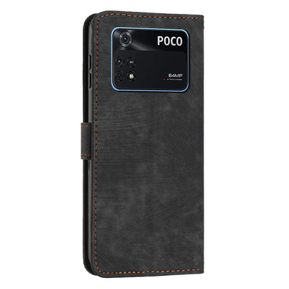 For Xiaomi Poco M4 Pro 4G PU Leather Stand Wallet Case Lines Imprinted Flip Shockproof Phone Cover