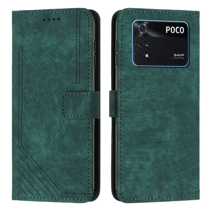 For Xiaomi Poco M4 Pro 4G PU Leather Stand Wallet Case Lines Imprinted Flip Shockproof Phone Cover