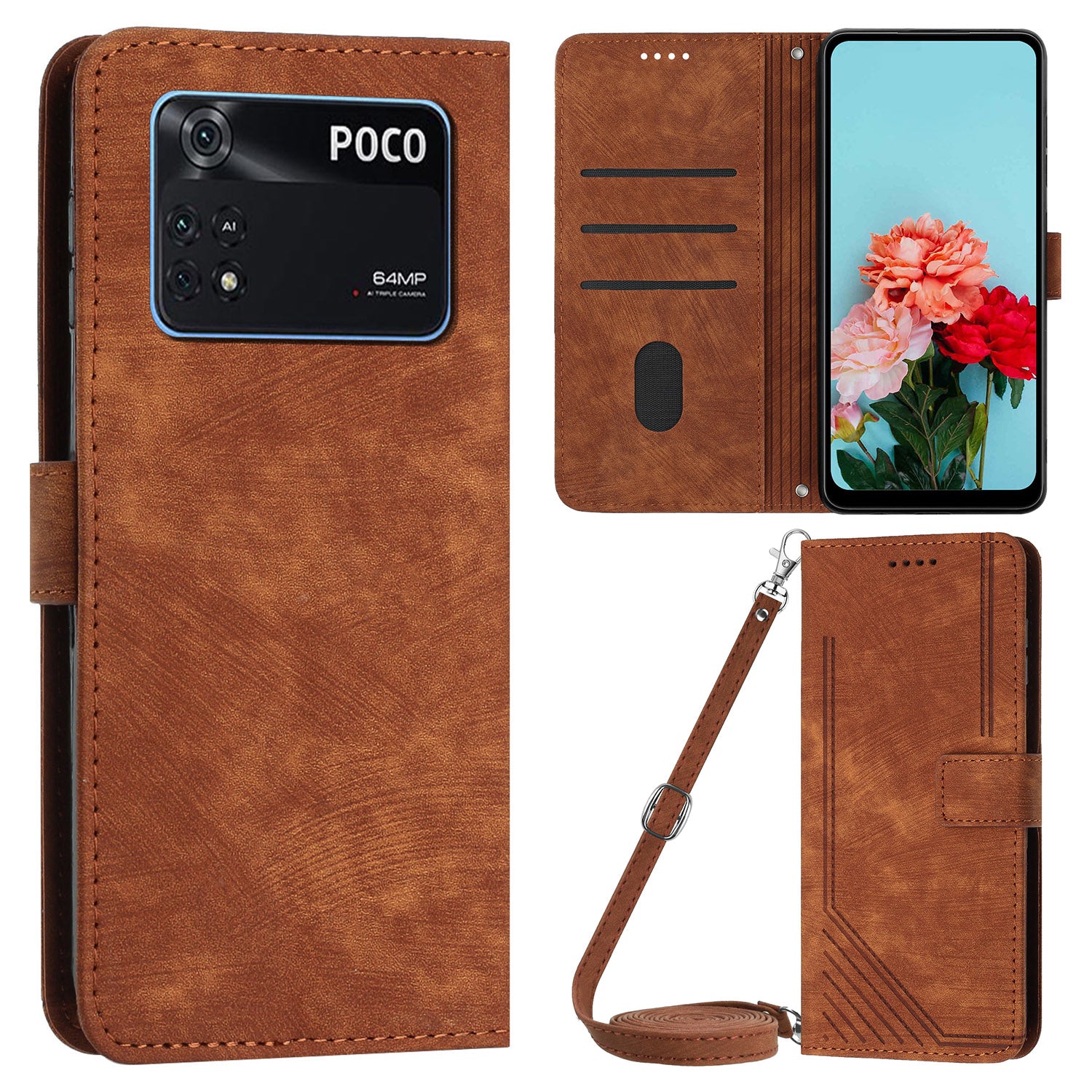 For Xiaomi Poco M4 Pro 4G PU Leather Stand Wallet Case Lines Imprinted Flip Shockproof Phone Cover