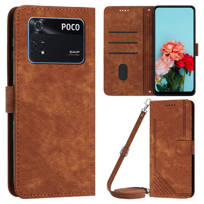 For Xiaomi Poco M4 Pro 4G PU Leather Stand Wallet Case Lines Imprinted Flip Shockproof Phone Cover