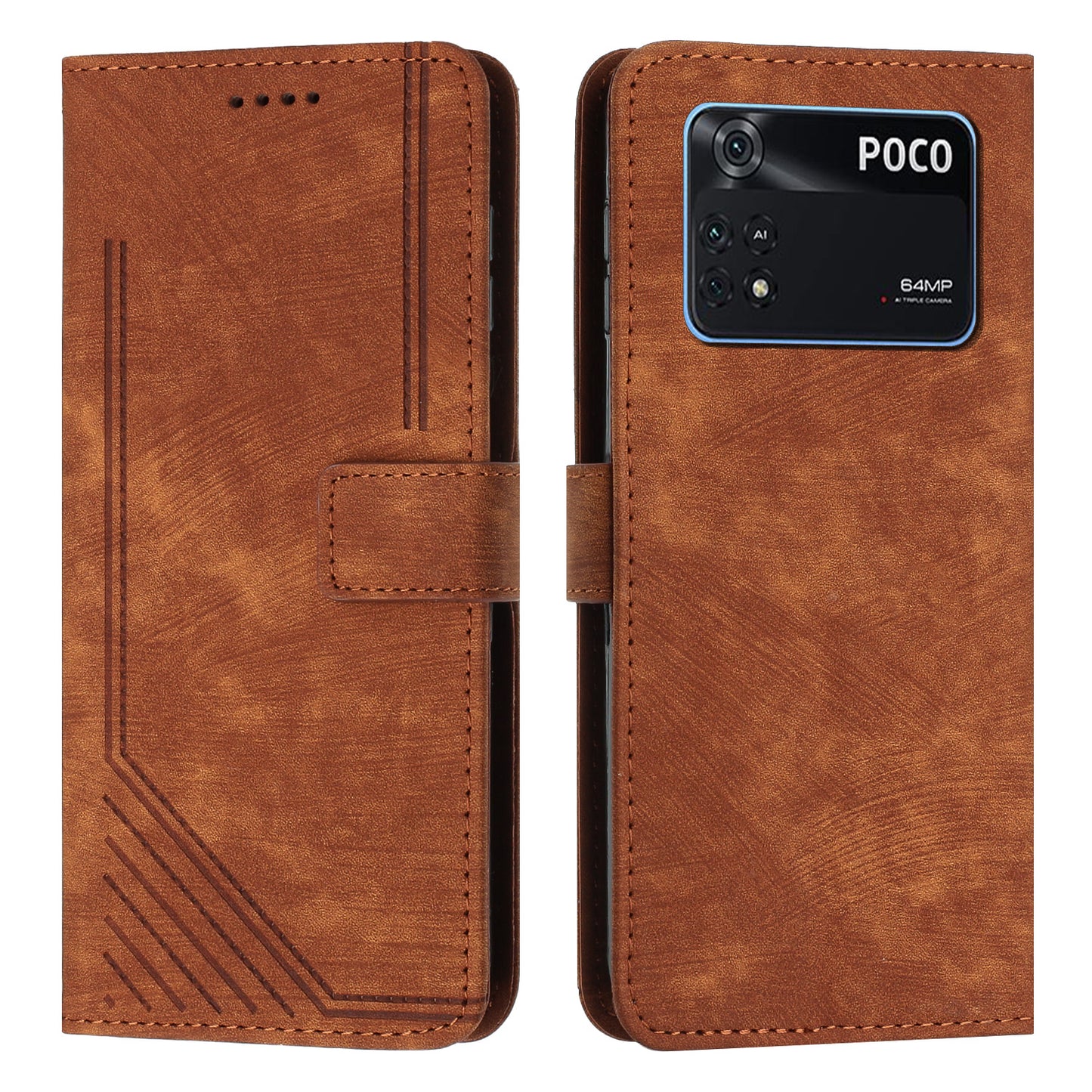 For Xiaomi Poco M4 Pro 4G PU Leather Stand Wallet Case Lines Imprinted Flip Shockproof Phone Cover