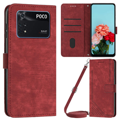 For Xiaomi Poco M4 Pro 4G PU Leather Stand Wallet Case Lines Imprinted Flip Shockproof Phone Cover