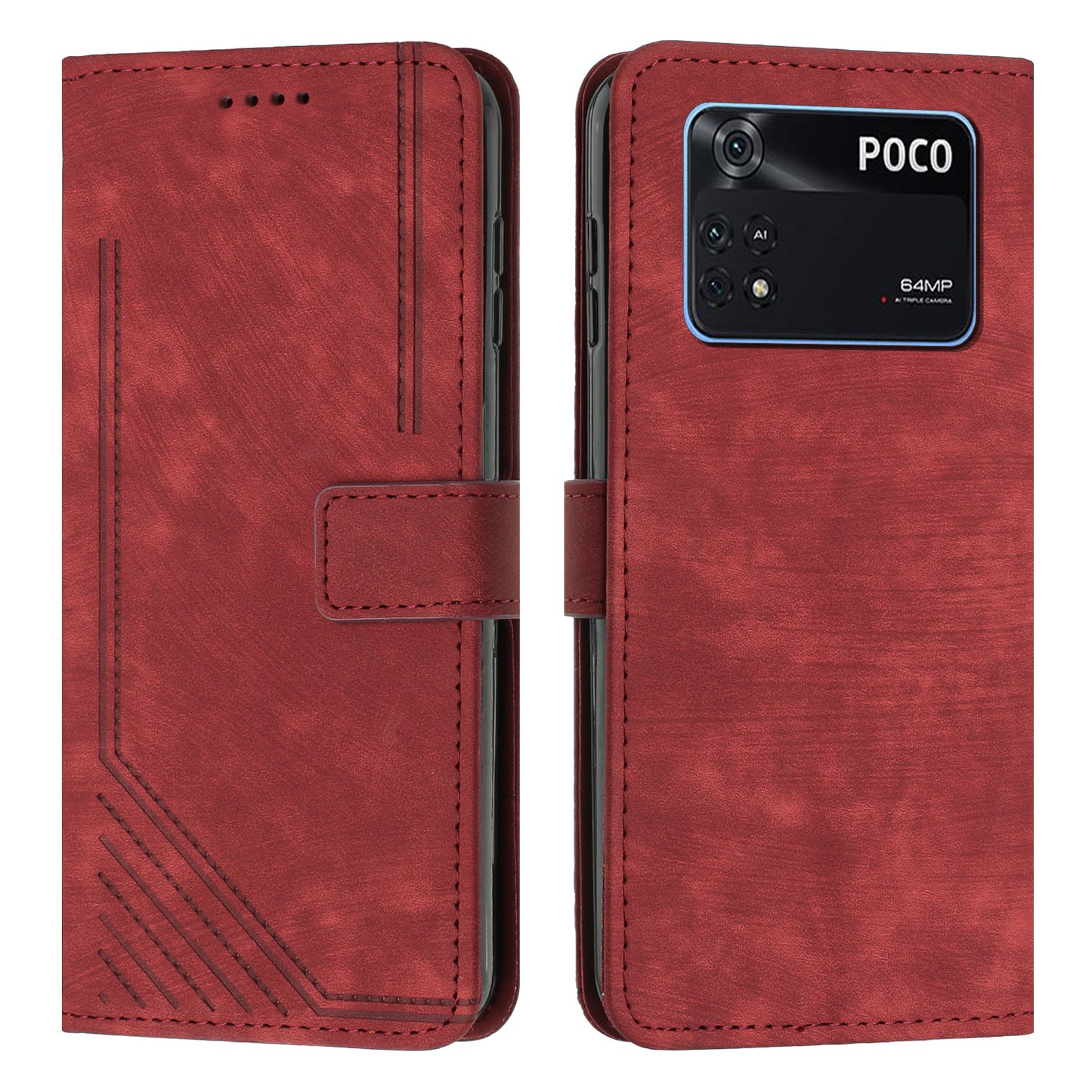 For Xiaomi Poco M4 Pro 4G PU Leather Stand Wallet Case Lines Imprinted Flip Shockproof Phone Cover