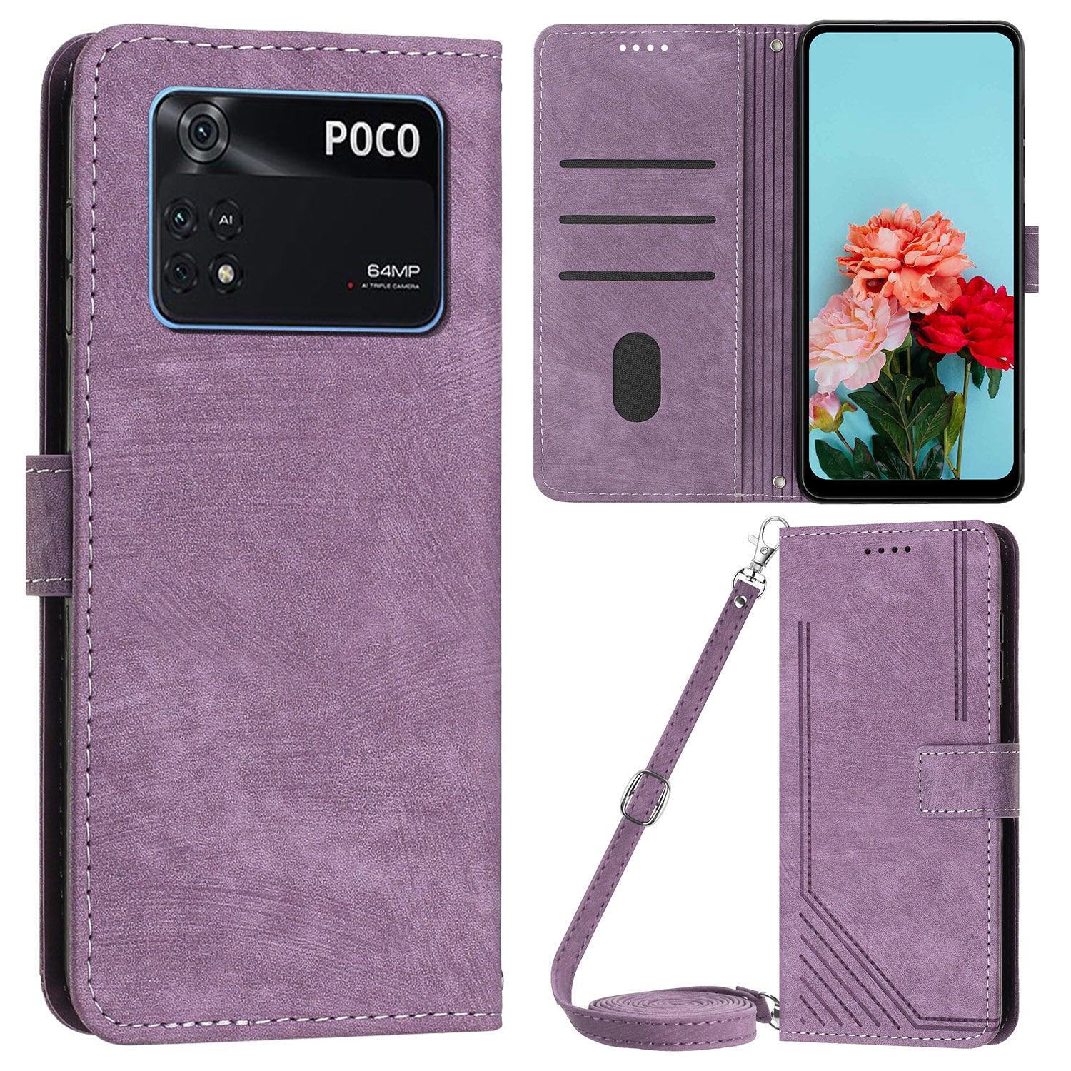 For Xiaomi Poco M4 Pro 4G PU Leather Stand Wallet Case Lines Imprinted Flip Shockproof Phone Cover