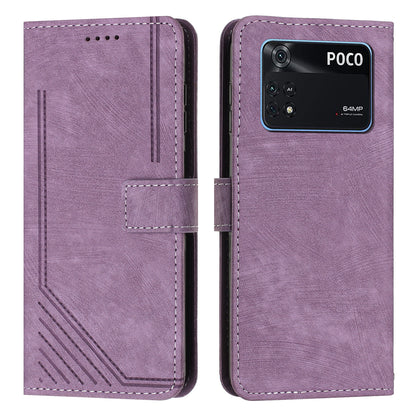 For Xiaomi Poco M4 Pro 4G PU Leather Stand Wallet Case Lines Imprinted Flip Shockproof Phone Cover