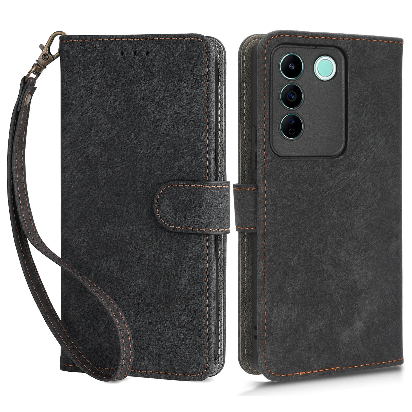 For vivo S16e 5G / V27e 4G PU Leather Phone Case Stand RFID Blocking Flip Wallet Cover with Strap