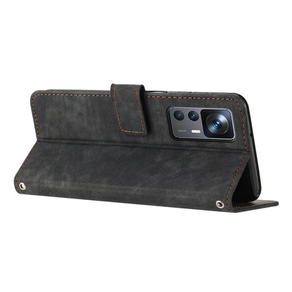 For Xiaomi 12T 5G / 12T Pro 5G / Redmi K50 Ultra 5G Lines Imprint Anti-drop Phone Case Skin-touch Leather Wallet Cover with Stand