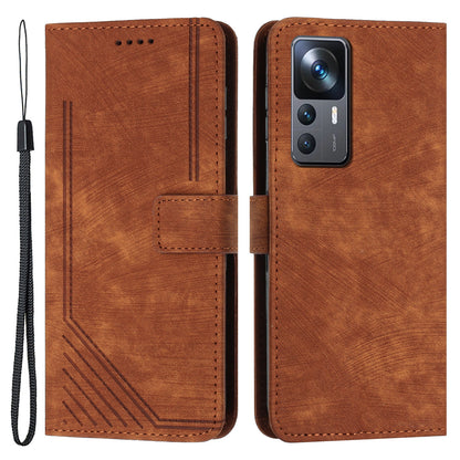 For Xiaomi 12T 5G / 12T Pro 5G / Redmi K50 Ultra 5G Lines Imprint Anti-drop Phone Case Skin-touch Leather Wallet Cover with Stand