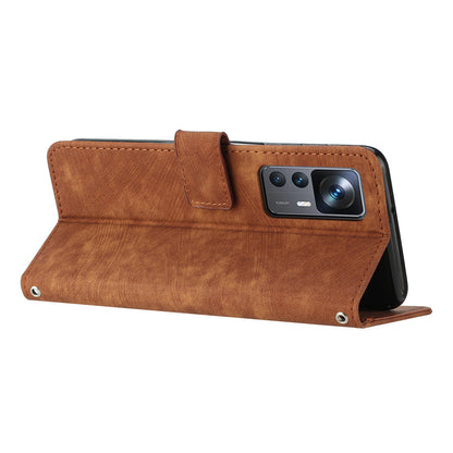 For Xiaomi 12T 5G / 12T Pro 5G / Redmi K50 Ultra 5G Lines Imprint Anti-drop Phone Case Skin-touch Leather Wallet Cover with Stand