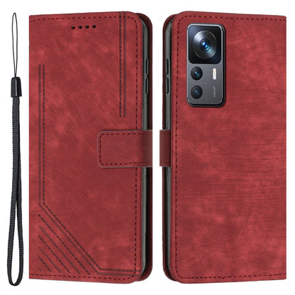 For Xiaomi 12T 5G / 12T Pro 5G / Redmi K50 Ultra 5G Lines Imprint Anti-drop Phone Case Skin-touch Leather Wallet Cover with Stand