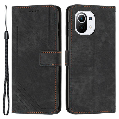 For Xiaomi 11 Lite 5G NE / Mi 11 Lite 4G / 5G Drop-proof Leather Wallet Shell Lines Imprint Skin-touch Folding Stand Phone Case