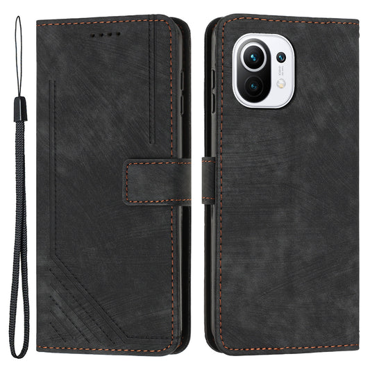 For Xiaomi 11 Lite 5G NE / Mi 11 Lite 4G / 5G Drop-proof Leather Wallet Shell Lines Imprint Skin-touch Folding Stand Phone Case