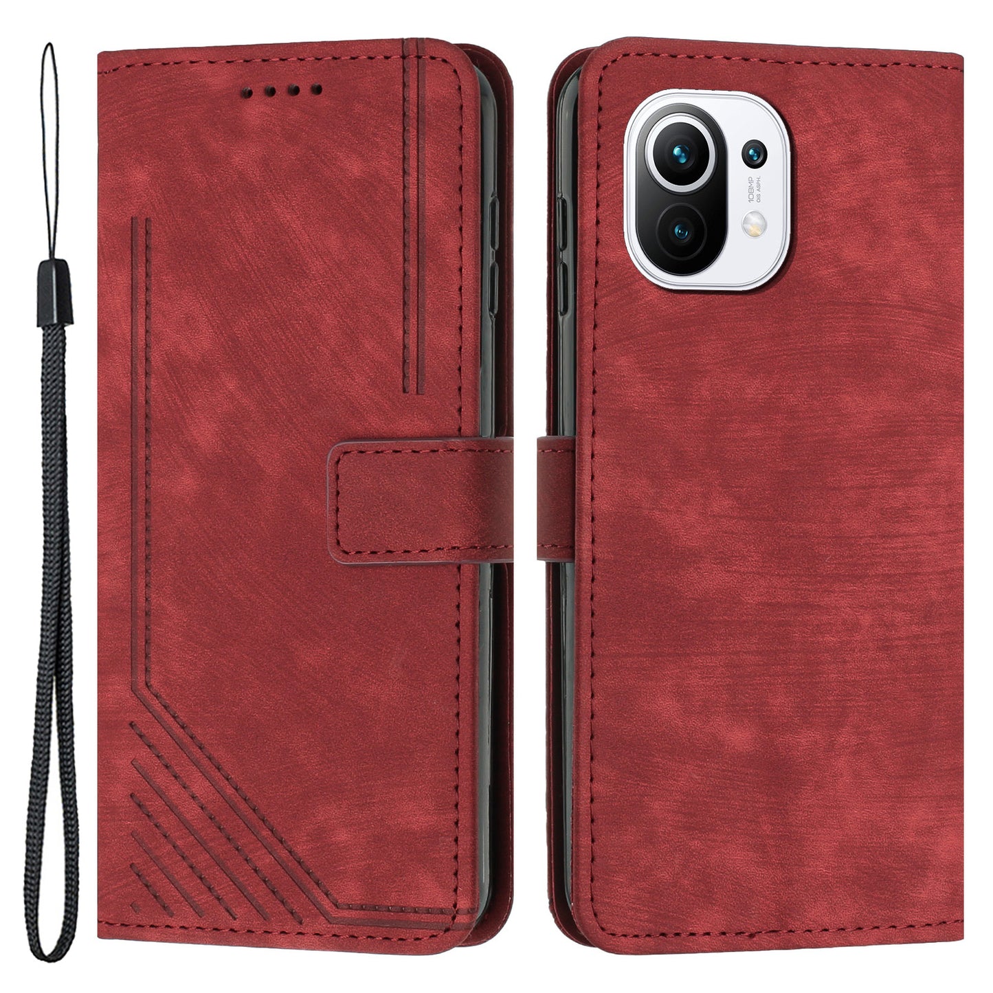 For Xiaomi 11 Lite 5G NE / Mi 11 Lite 4G / 5G Drop-proof Leather Wallet Shell Lines Imprint Skin-touch Folding Stand Phone Case