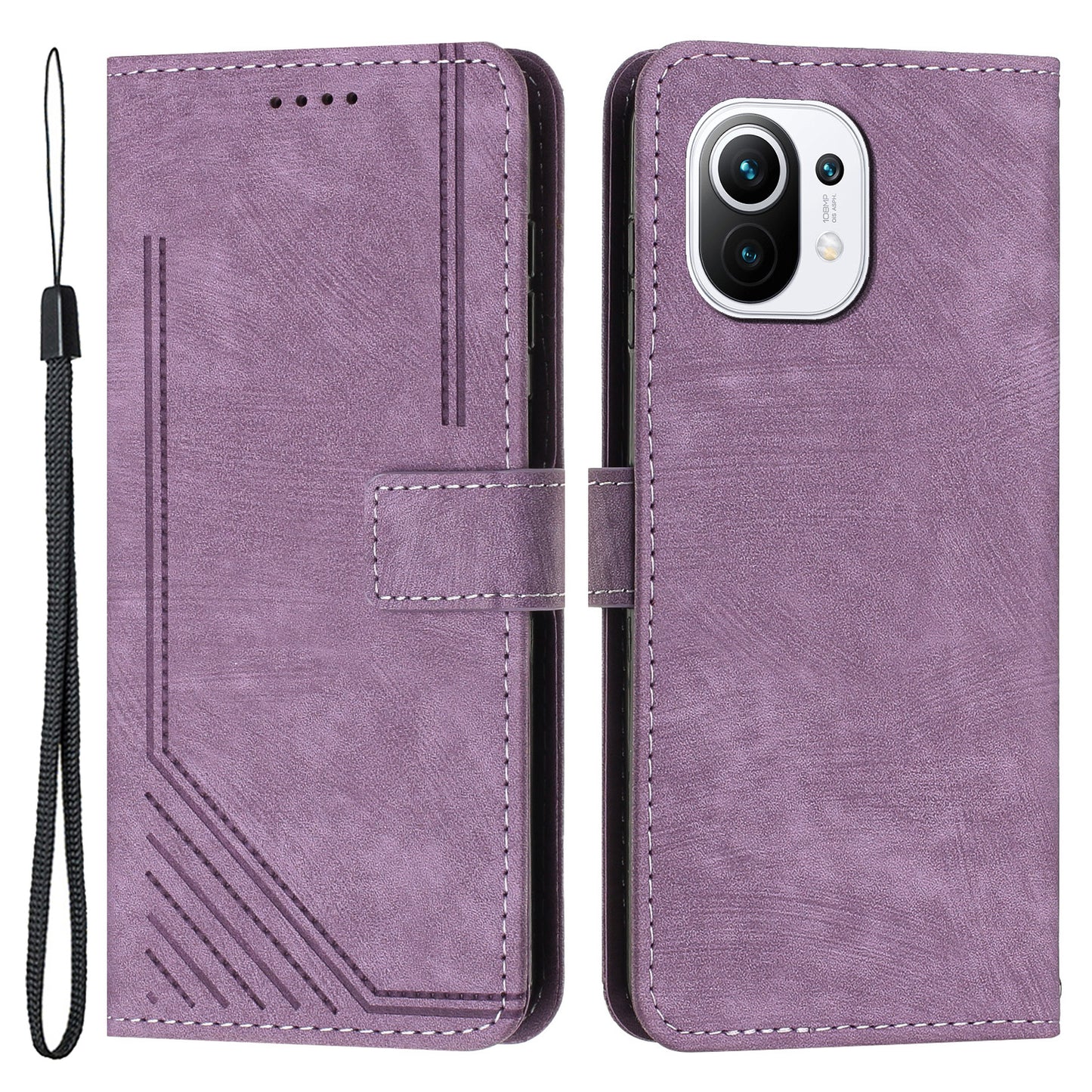 For Xiaomi 11 Lite 5G NE / Mi 11 Lite 4G / 5G Drop-proof Leather Wallet Shell Lines Imprint Skin-touch Folding Stand Phone Case