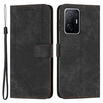 For Xiaomi 11T Pro 5G / 11T 5G Skin-touch Leather Wallet Full Protection Shell Lines Imprint Flip Stand Phone Case