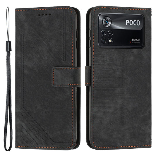 For Xiaomi Poco X4 Pro 5G Skin-touch Phone Stand Case PU Leather Lines Imprinted Wallet Cover