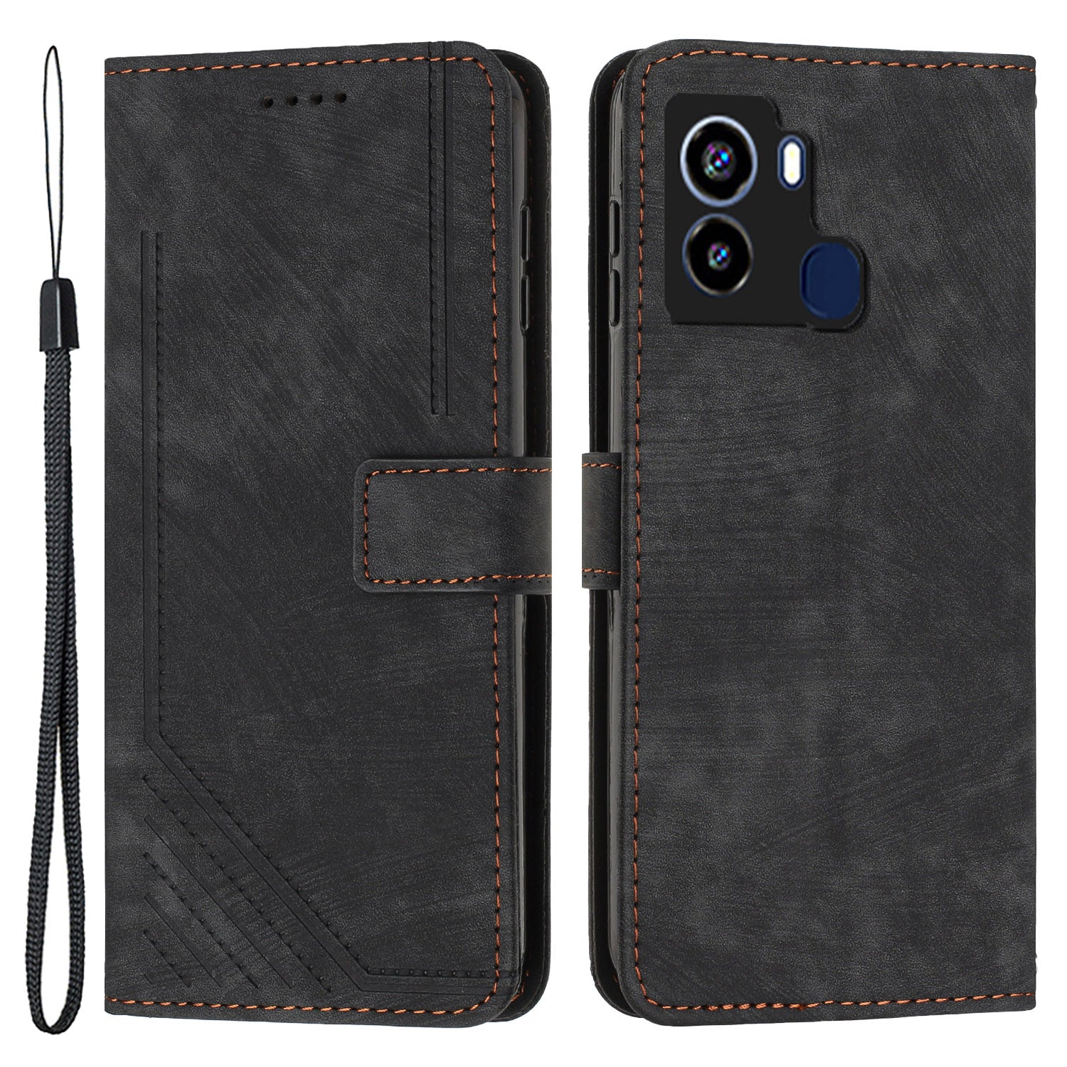 For Tecno Pop 6 4G PU Leather Skin-touch Phone Case Lines Imprinted Wallet Stand Cover