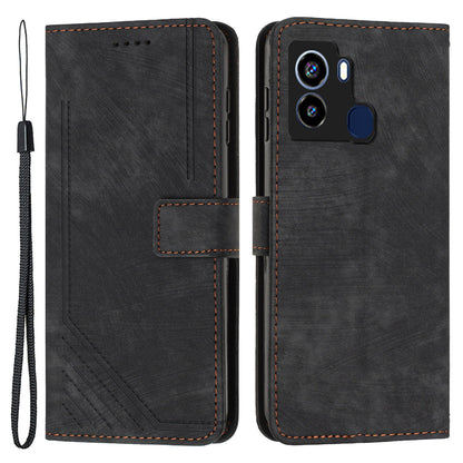 For Tecno Pop 6 4G PU Leather Skin-touch Phone Case Lines Imprinted Wallet Stand Cover