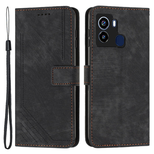 For Tecno Pop 6 4G PU Leather Skin-touch Phone Case Lines Imprinted Wallet Stand Cover