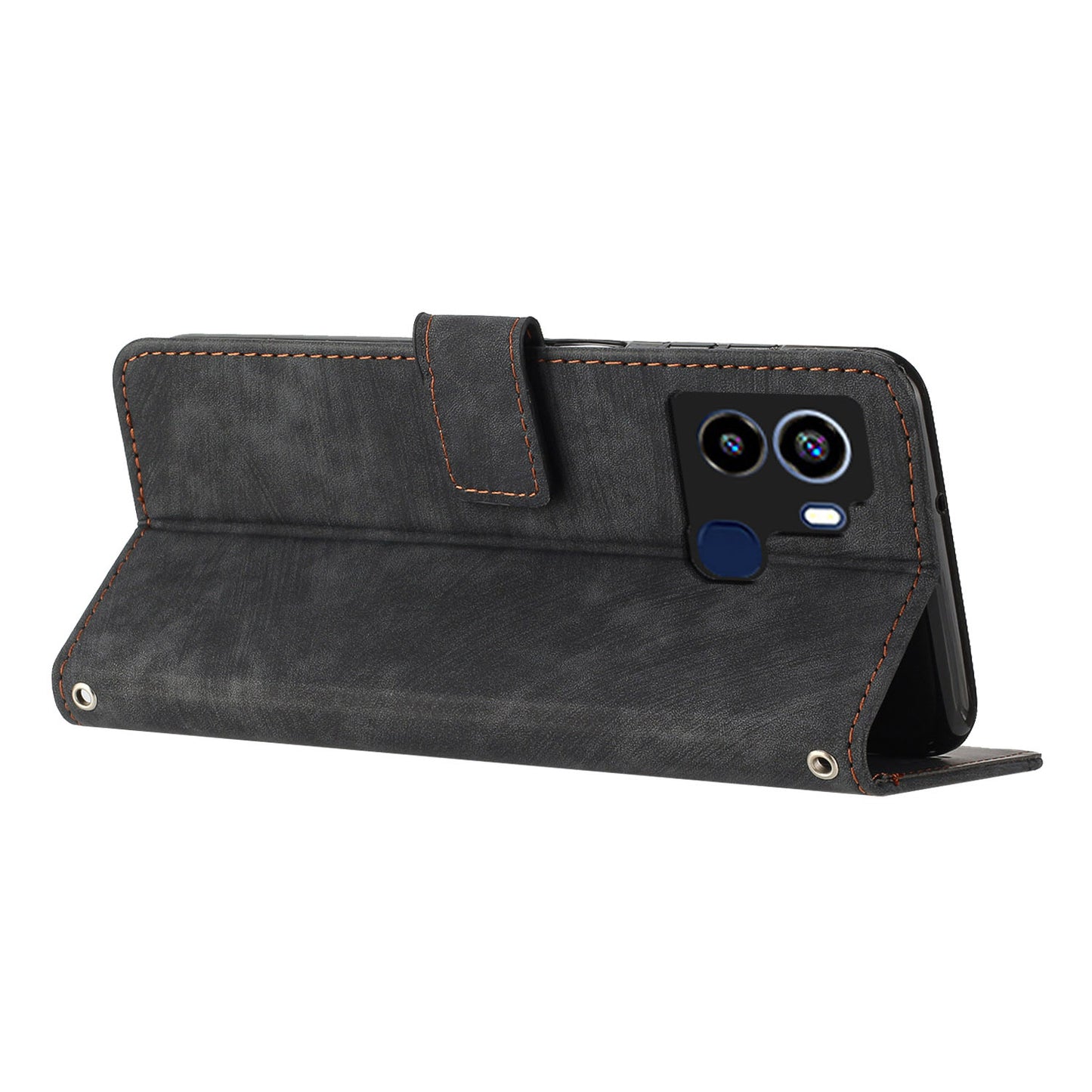 For Tecno Pop 6 4G PU Leather Skin-touch Phone Case Lines Imprinted Wallet Stand Cover