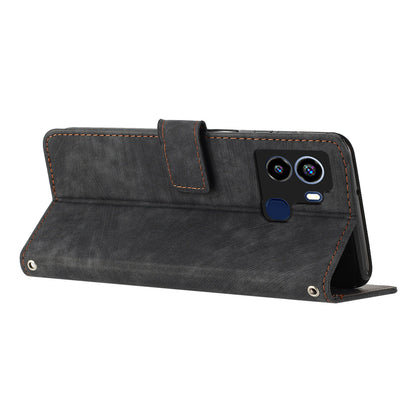 For Tecno Pop 6 4G PU Leather Skin-touch Phone Case Lines Imprinted Wallet Stand Cover