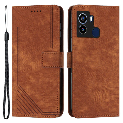 For Tecno Pop 6 4G PU Leather Skin-touch Phone Case Lines Imprinted Wallet Stand Cover