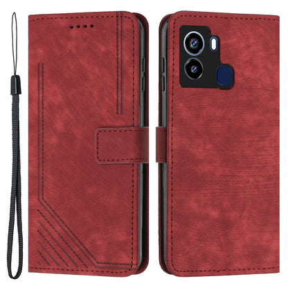 For Tecno Pop 6 4G PU Leather Skin-touch Phone Case Lines Imprinted Wallet Stand Cover