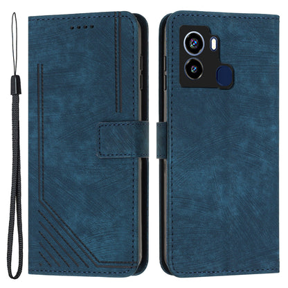 For Tecno Pop 6 4G PU Leather Skin-touch Phone Case Lines Imprinted Wallet Stand Cover