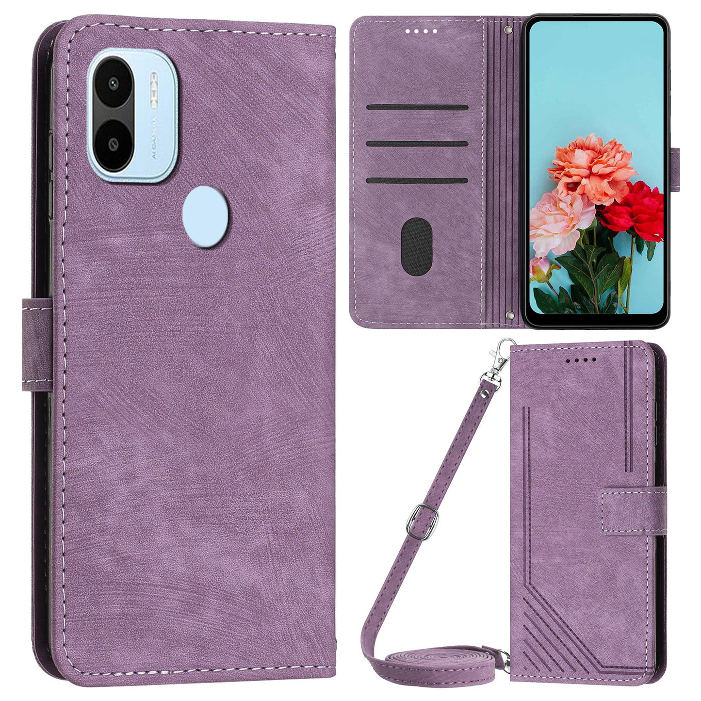 Wallet Phone Case for Xiaomi Redmi A1+ 4G / A2+ 4G / Poco C50 4G , PU Leather Lines Imprinted Folio Book Stand Cover