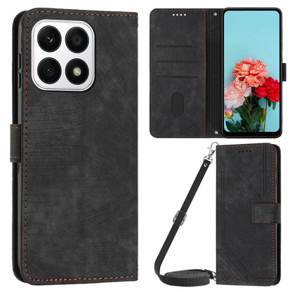 For Honor X8a 4G PU Leather Wallet Case Lines Imprinted Stand Drop-proof Phone Shell with 2 Straps