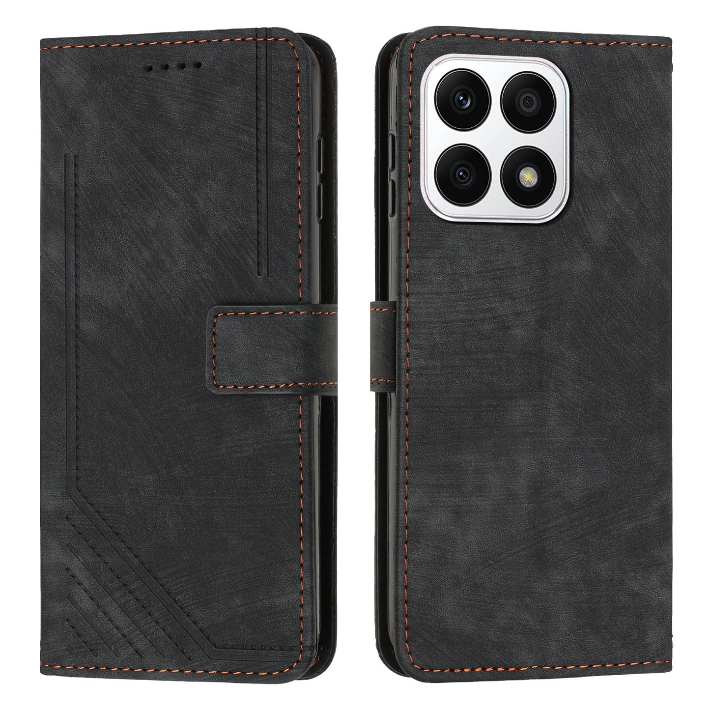 For Honor X8a 4G PU Leather Wallet Case Lines Imprinted Stand Drop-proof Phone Shell with 2 Straps
