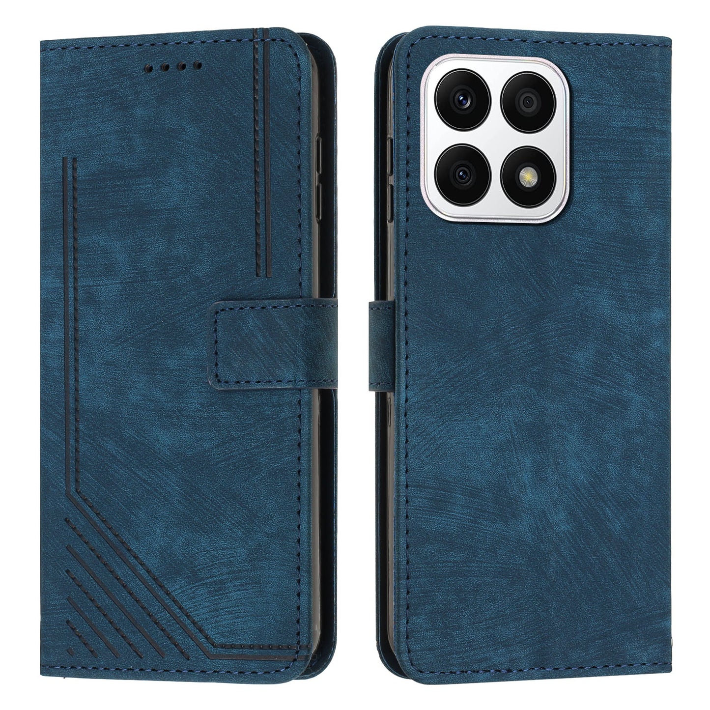 For Honor X8a 4G PU Leather Wallet Case Lines Imprinted Stand Drop-proof Phone Shell with 2 Straps