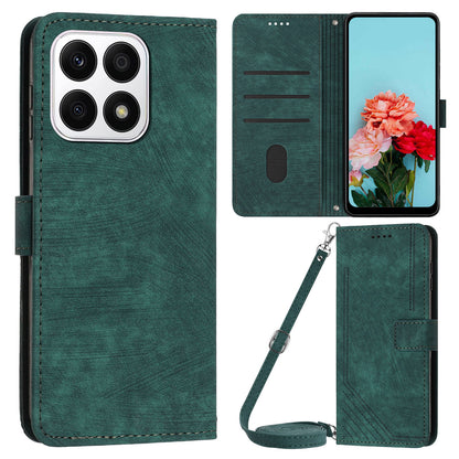 For Honor X8a 4G PU Leather Wallet Case Lines Imprinted Stand Drop-proof Phone Shell with 2 Straps