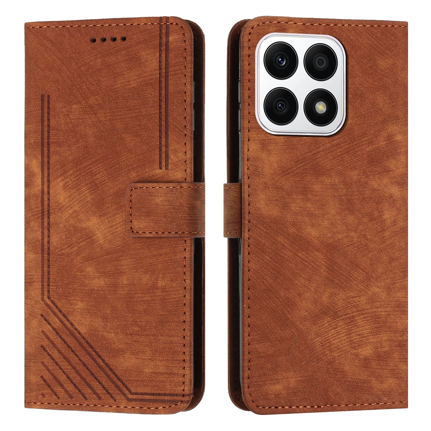 For Honor X8a 4G PU Leather Wallet Case Lines Imprinted Stand Drop-proof Phone Shell with 2 Straps