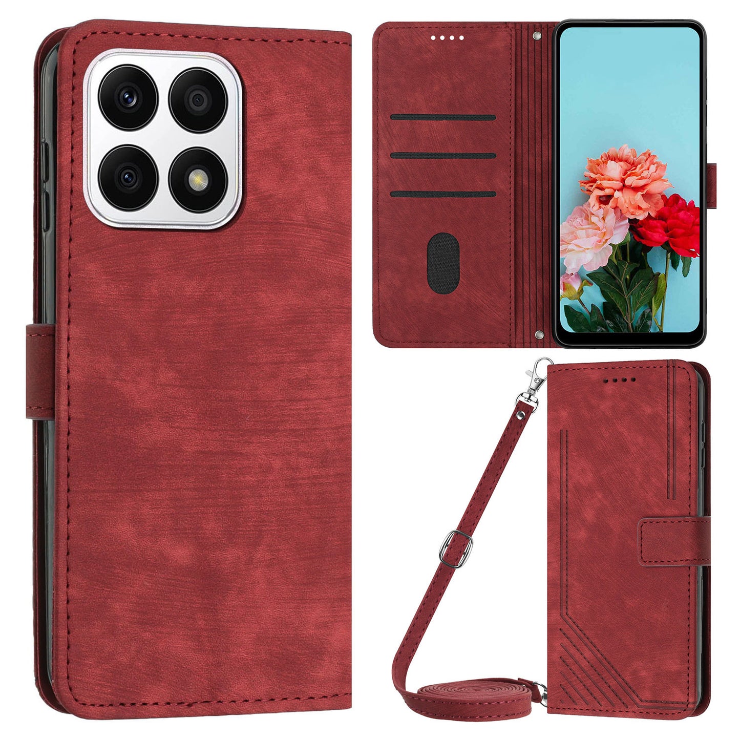 For Honor X8a 4G PU Leather Wallet Case Lines Imprinted Stand Drop-proof Phone Shell with 2 Straps