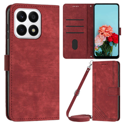 For Honor X8a 4G PU Leather Wallet Case Lines Imprinted Stand Drop-proof Phone Shell with 2 Straps