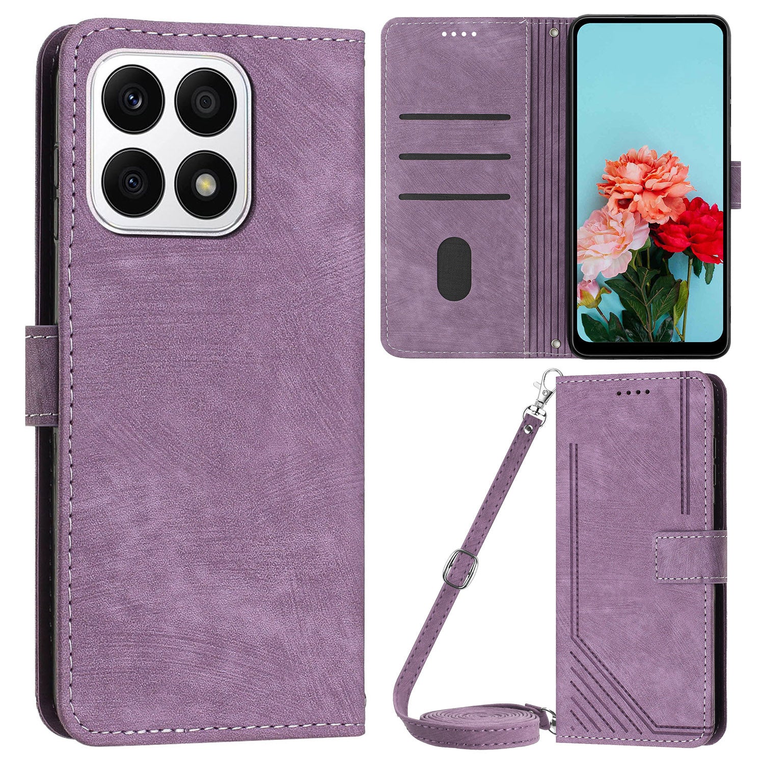 For Honor X8a 4G PU Leather Wallet Case Lines Imprinted Stand Drop-proof Phone Shell with 2 Straps