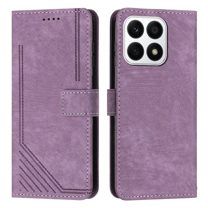 For Honor X8a 4G PU Leather Wallet Case Lines Imprinted Stand Drop-proof Phone Shell with 2 Straps