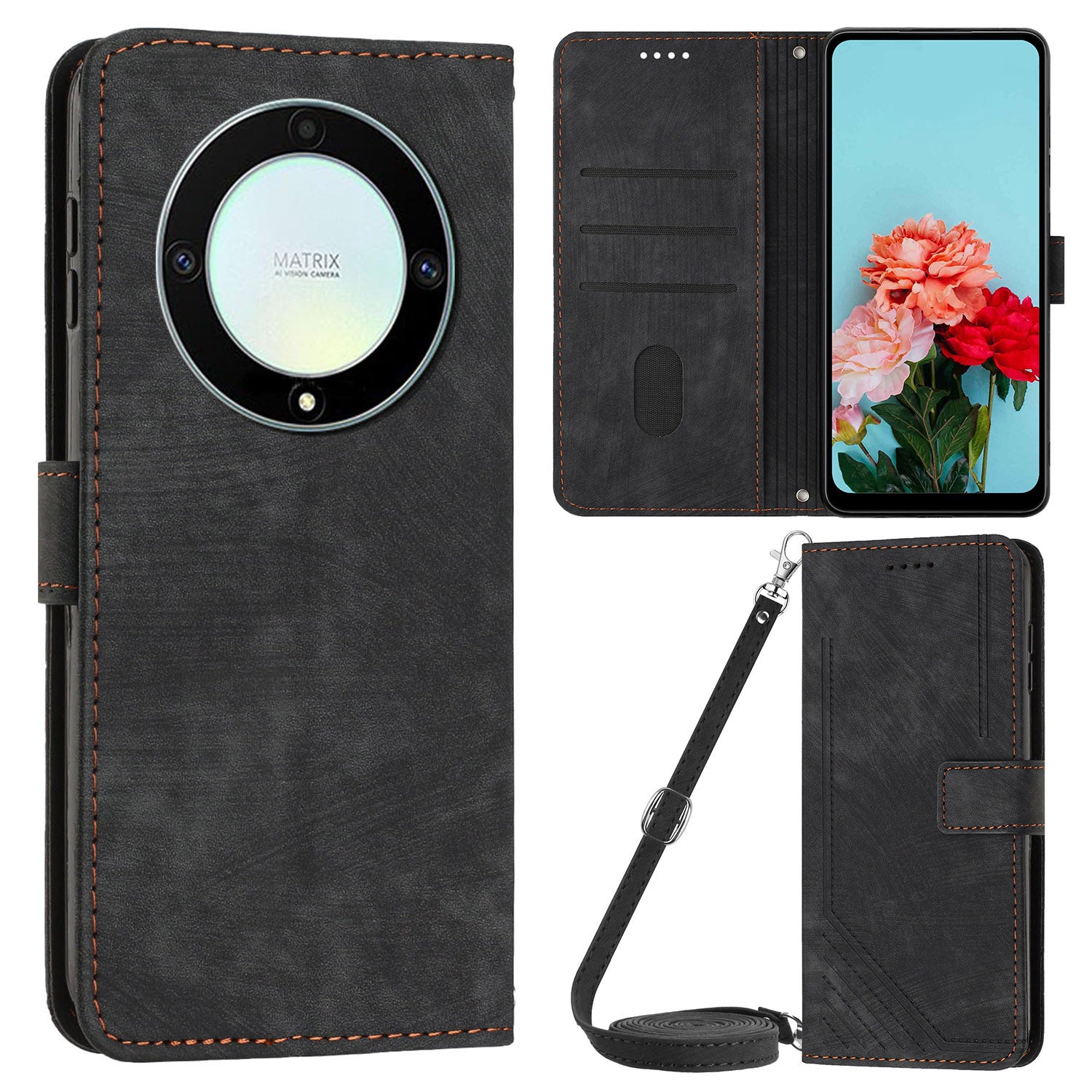 For Honor X9a 5G / X40 5G / Magic5 Lite 5G Wallet Leather Phone Cover Lines Imprinted Stand Case with Straps