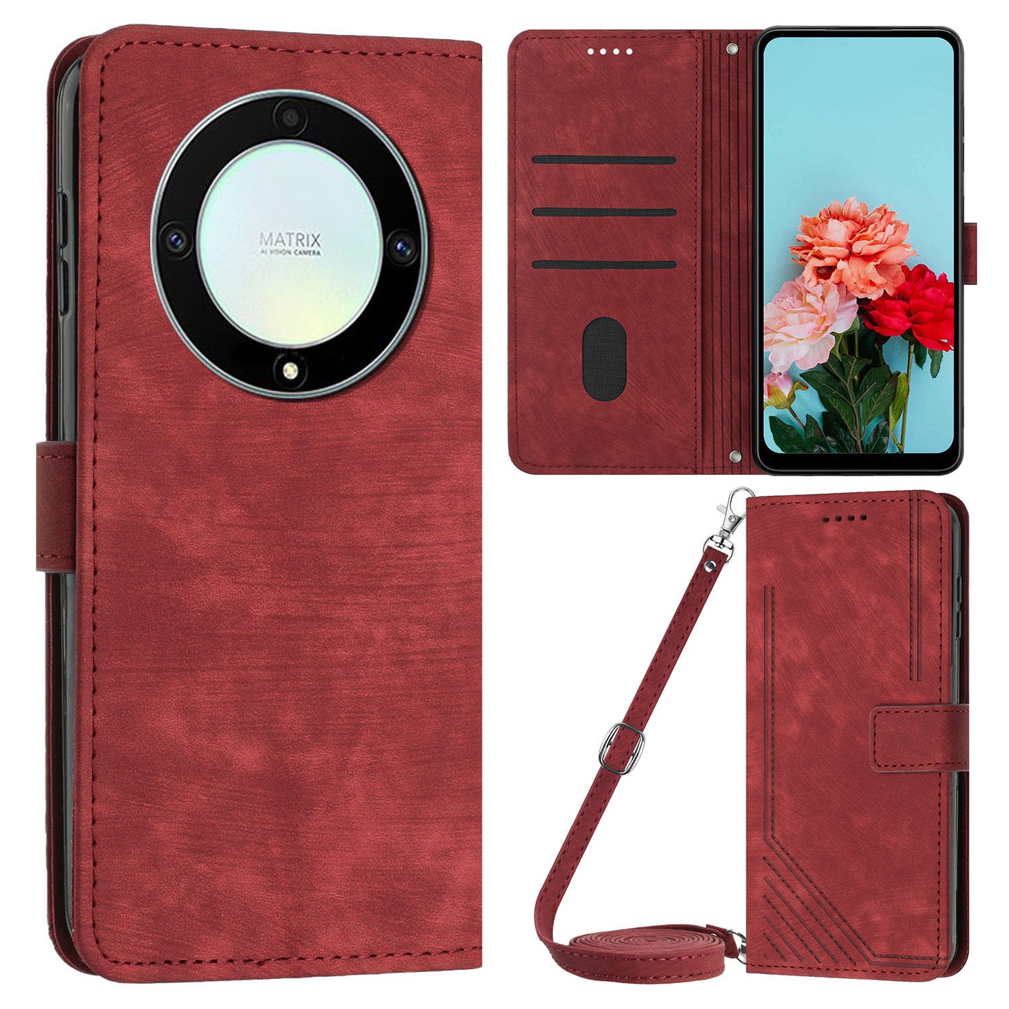 For Honor X9a 5G / X40 5G / Magic5 Lite 5G Wallet Leather Phone Cover Lines Imprinted Stand Case with Straps