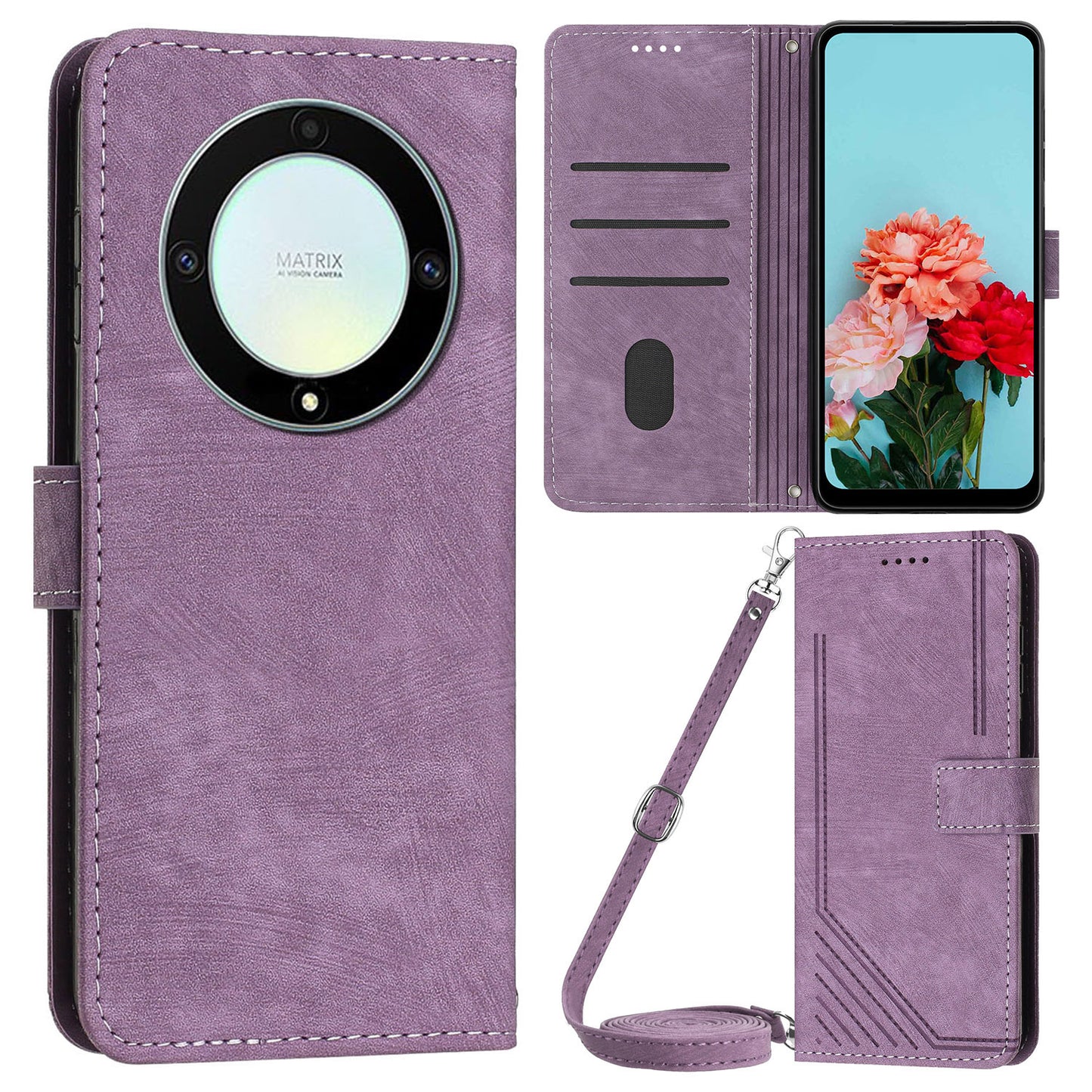 For Honor X9a 5G / X40 5G / Magic5 Lite 5G Wallet Leather Phone Cover Lines Imprinted Stand Case with Straps