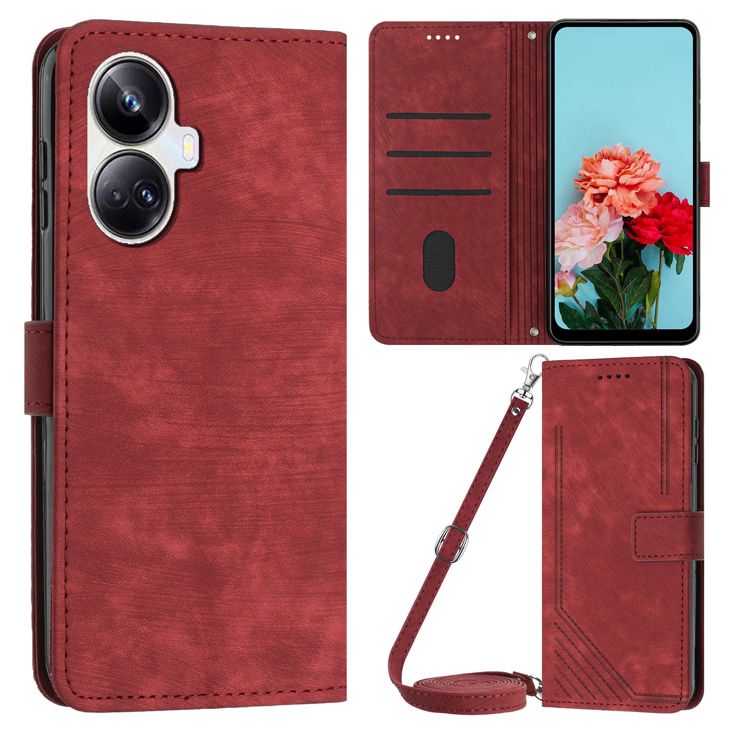 For Realme 10 Pro+ 5G PU Leather Protective Cover Lines Imprinted Stand Magnetic Folio Phone Case