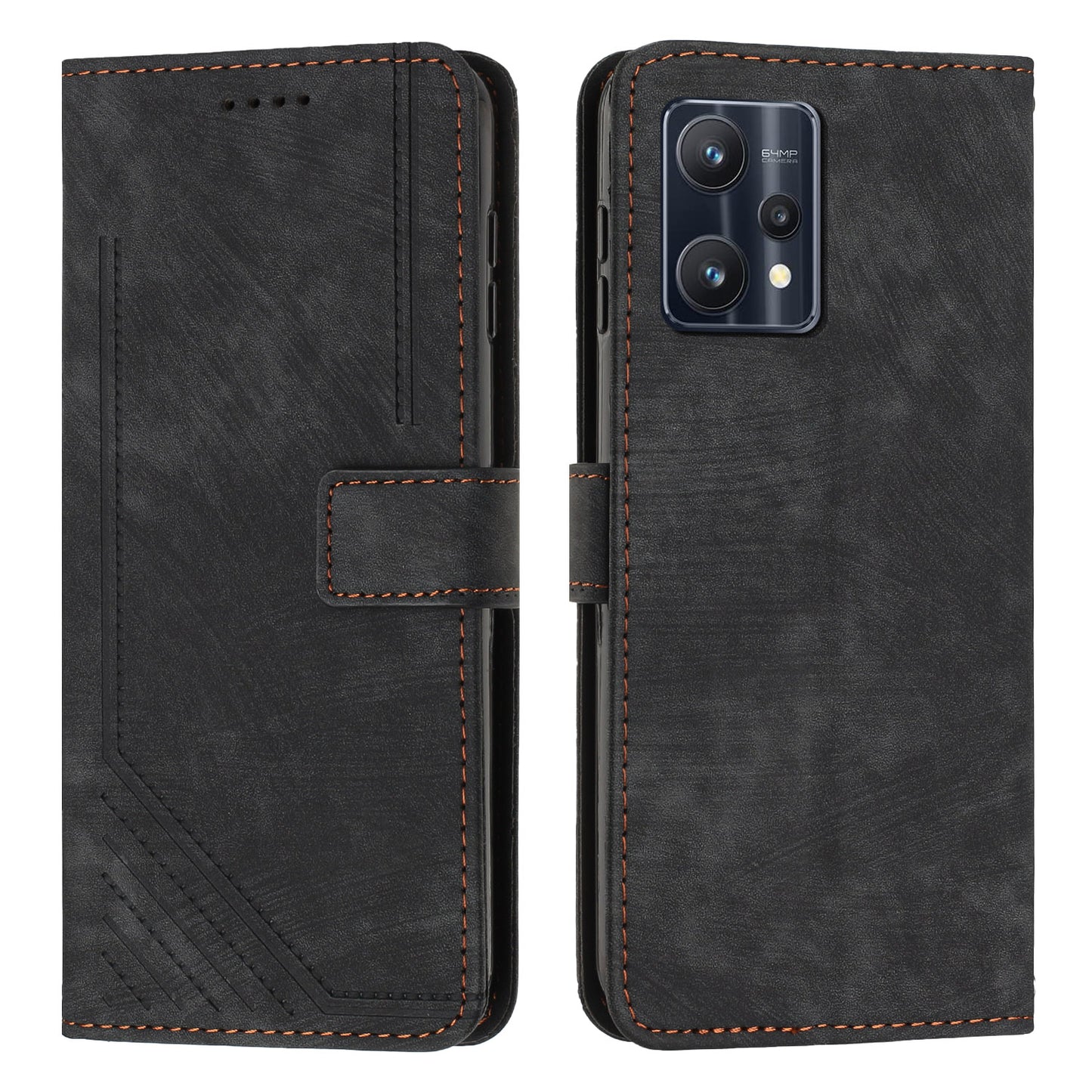 For Realme 9 Pro 5G / 9 5G / V25 / OnePlus Nord CE 2 Lite 5G Phone Case Leather Lines Imprinted Stand Wallet Cover with Straps