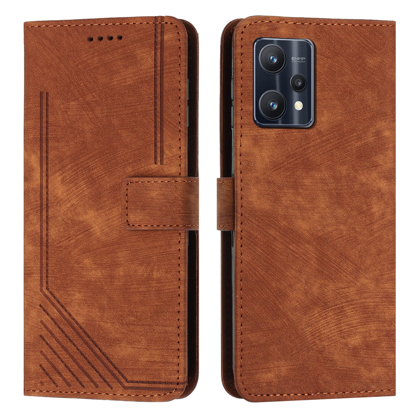 For Realme 9 Pro 5G / 9 5G / V25 / OnePlus Nord CE 2 Lite 5G Phone Case Leather Lines Imprinted Stand Wallet Cover with Straps