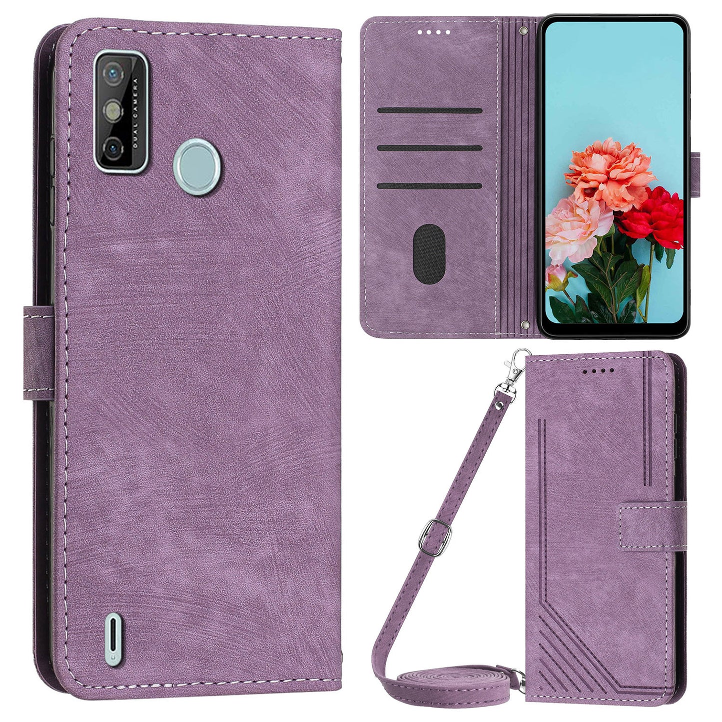 For Tecno Spark 6 Go / Spark Go 2021 / 2020 Leather Phone Wallet Case Lines Imprinted Stand Cover with Straps
